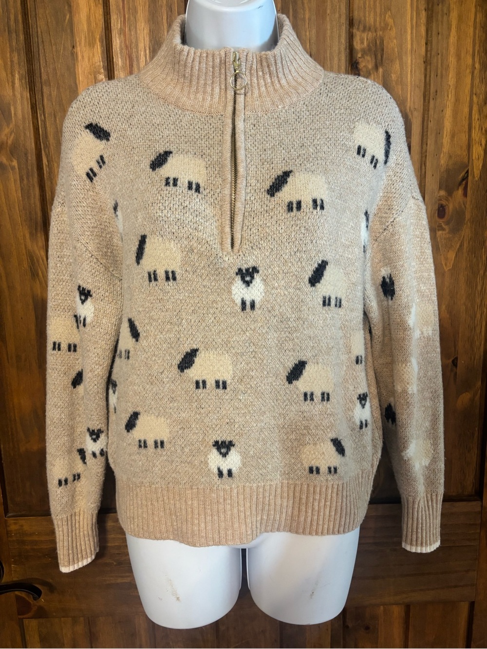LOFT Sheep Print Half Zip Sweater XS Beige Wool Blend Novelty Knit Mock Neck